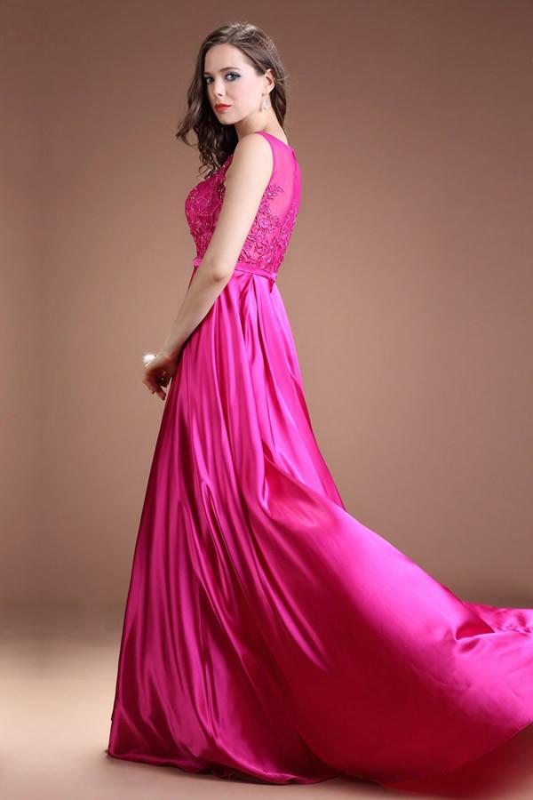 Fuchsia Long Satin Lace Beaded Cap Sleeves Prom Dresses ED0839