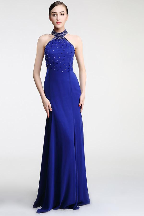 Halter Sheath Royal Blue Mermaid Long Prom Dresses ED0843