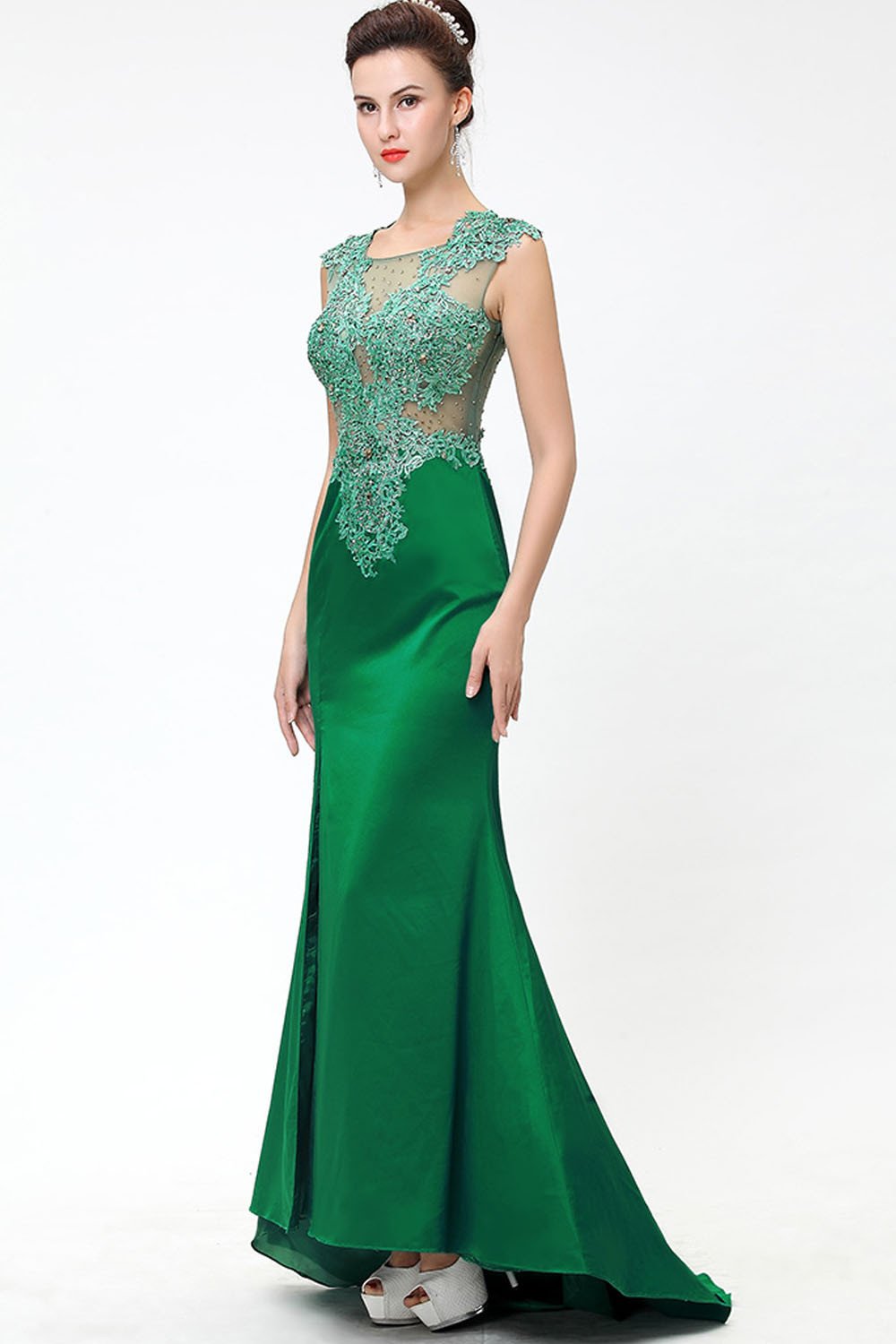 Green Lace Beaded See Through Mermaid Sexy Prom Dresses ED0850