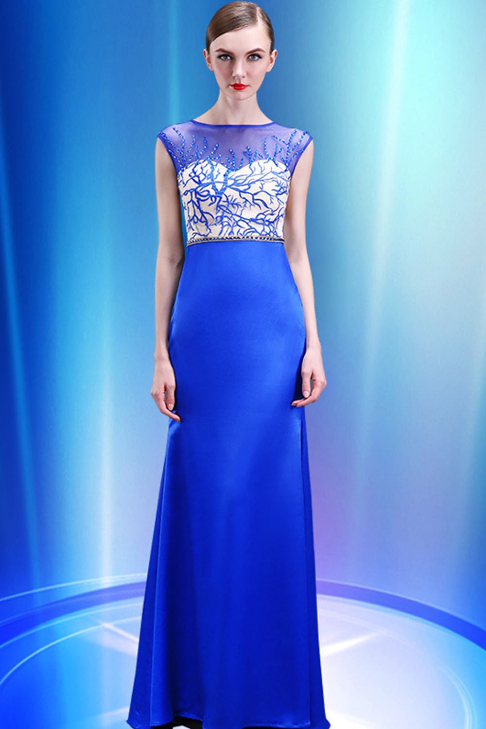 Sheath Royal Blue Mermaid Cap Sleeves Long Prom Dresses ED0851