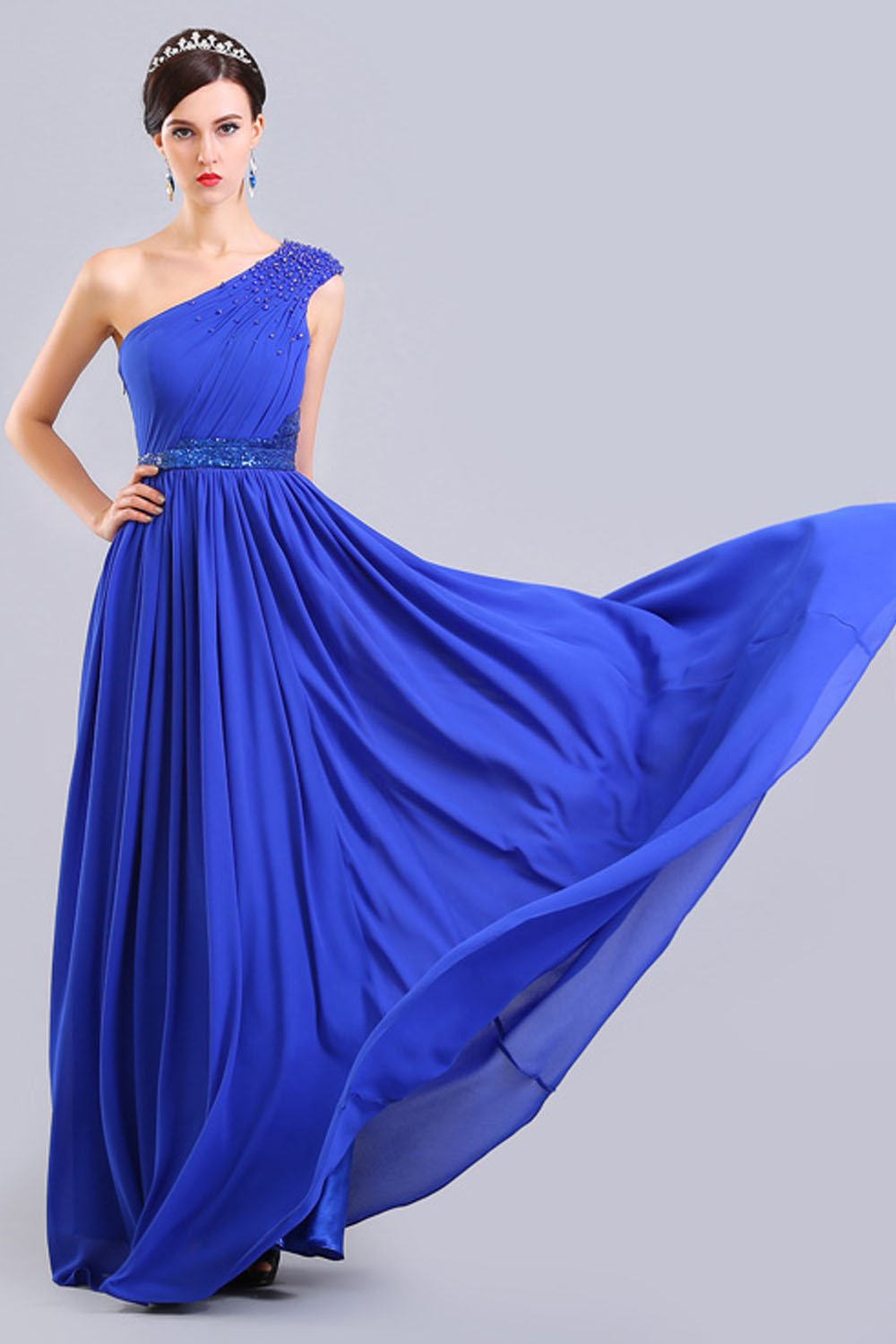 One Shoulder Chiffon Long Royal Blue Simple Prom Dresses ED0852