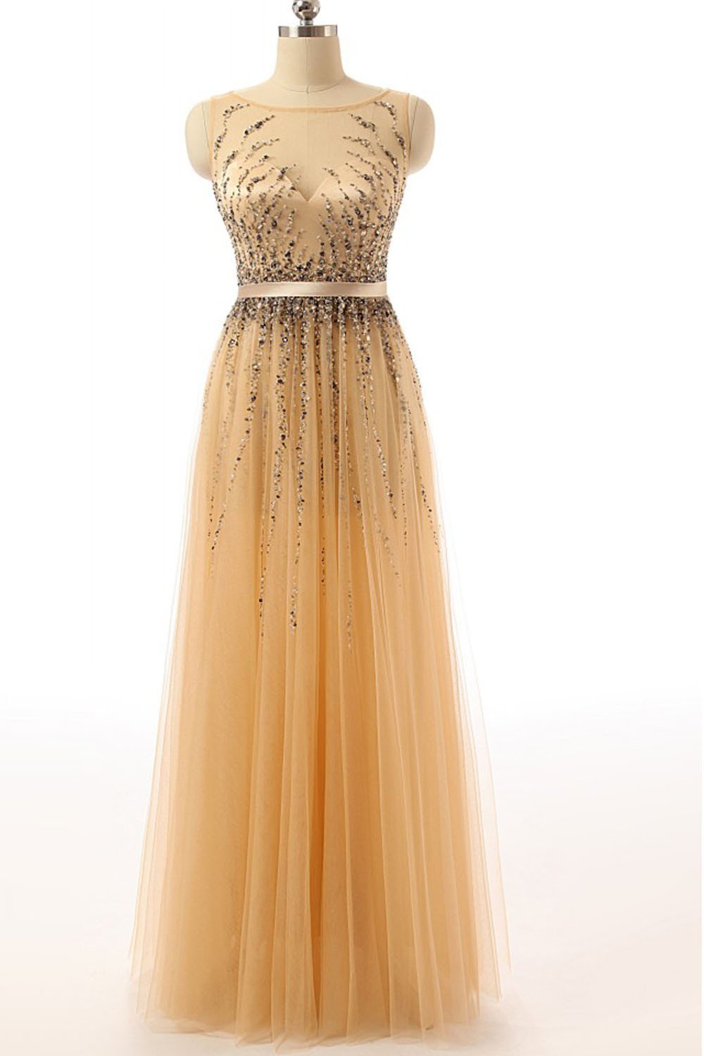 Beaded Gold Long Cap Sleeves Modest Prom Party Dresses ED0855