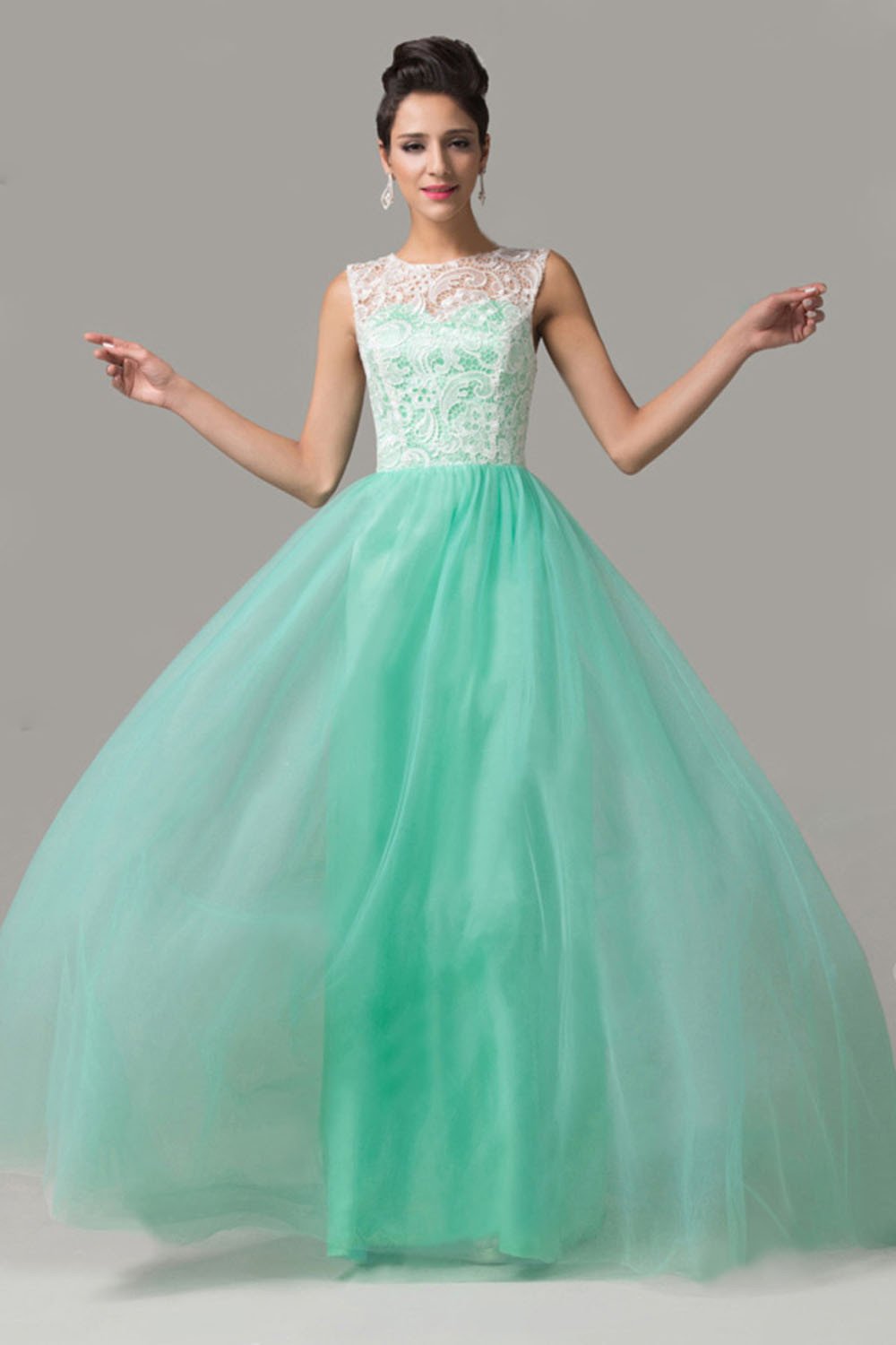 Cap Sleeves Mint Green Lace Long Prom Dresses ED0861