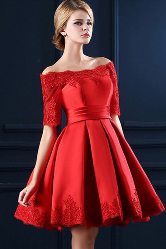 Lace Boat Neckline Red Lace Up Homecoming Dress,Half Sleeve Lace Homecoming Cocktail Dresses ED0868