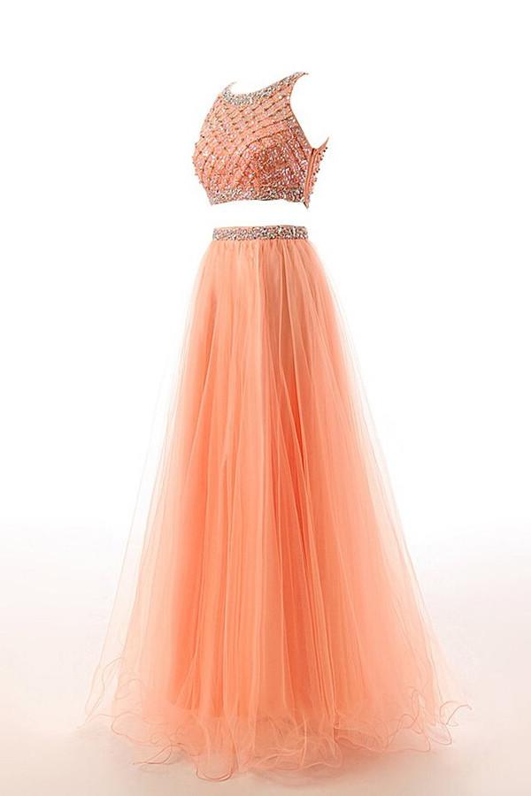Two Pieces Orange Red Beaded Long Prom Graduation Dresses ED0965