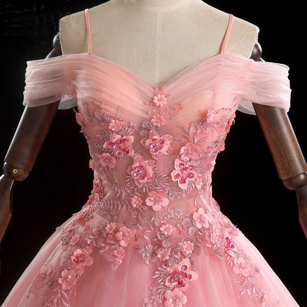 Pink Ball Gown Off Shoulder Prom Dress with Flowers, Floor Length Applique Quinceanera Dress N2411