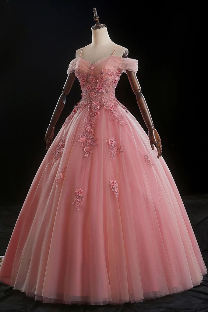 Pink Ball Gown Off Shoulder Prom Dress with Flowers, Floor Length Applique Quinceanera Dress N2411