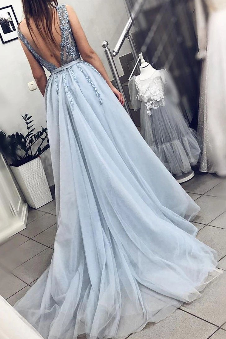 Blue V Neck Tulle Beading Long Prom Dress, Gorgeous Backless Long Evening Dresses N2041