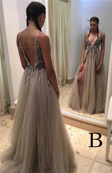 Gray Deep V-neck Side Slit Prom Dresses,Tulle Sleeveless Formal Dress With Sequins and Beads,N05