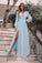 Light Blue Long Sleeves V Neck Chiffon Prom Dress, Elegant Split Long Formal Dresses N2604