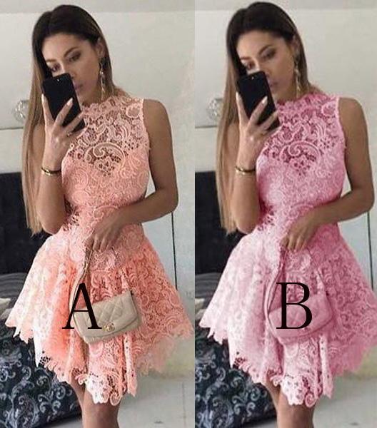 A-Line Short Dropped Pink Homecoming Dress,Mini Sleeveless Lace Cocktail Dress,N118