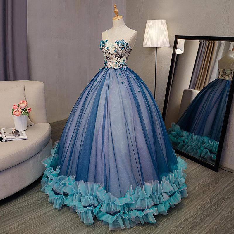 Blue Ball Gown V Neck Sleeveless Appliqued Tulle Prom Dress, Hot Quinceanera Dresses N2538
