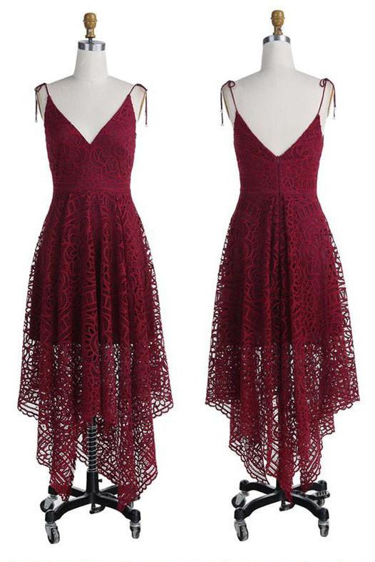 Spaghetti Straps Bridesmaid Dresses,Burgundy Lace Backless Bridesmaid Gown,Prom Dresses,N200