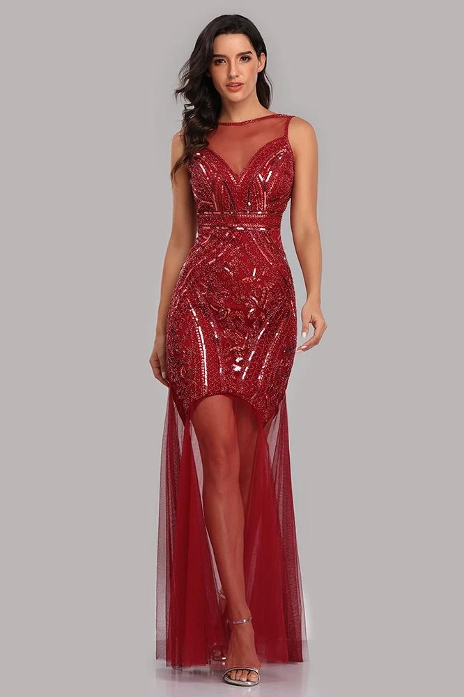 See Through Neck Mermaid Bateau Prom Dresses with Sparkles Tulle Party Dresses XU90816