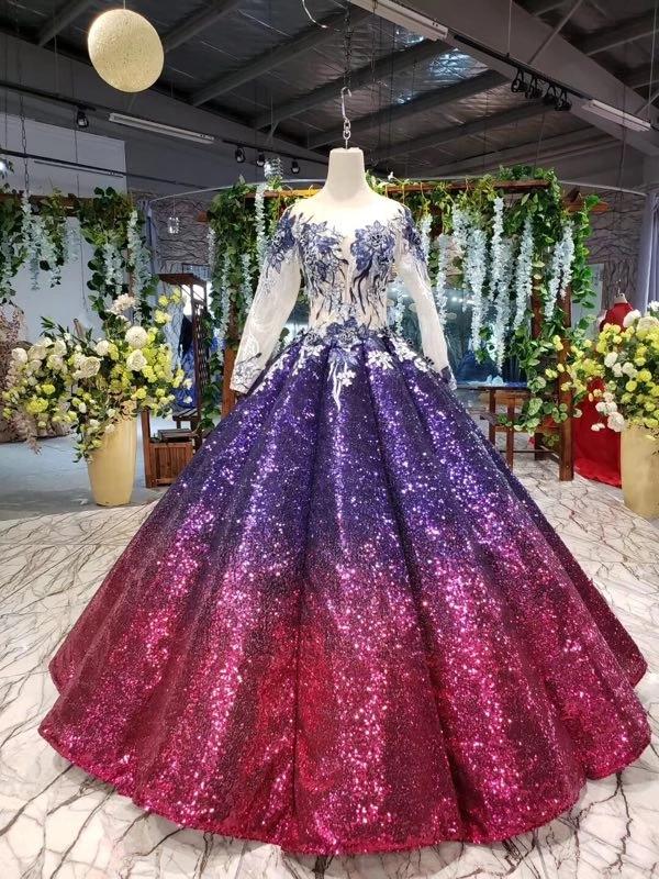 Ball Gown Long Sleeves Sequins Ombre Prom Dress, Puffy Quinceanera Dress N2309