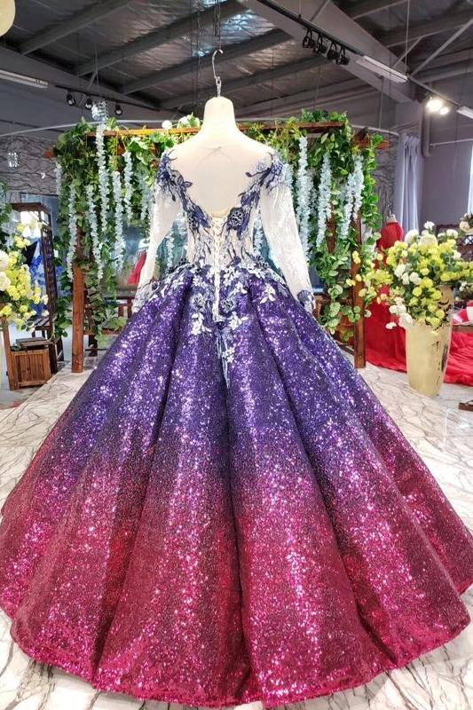 Ball Gown Long Sleeves Sequins Ombre Prom Dress, Puffy Quinceanera Dress N2309