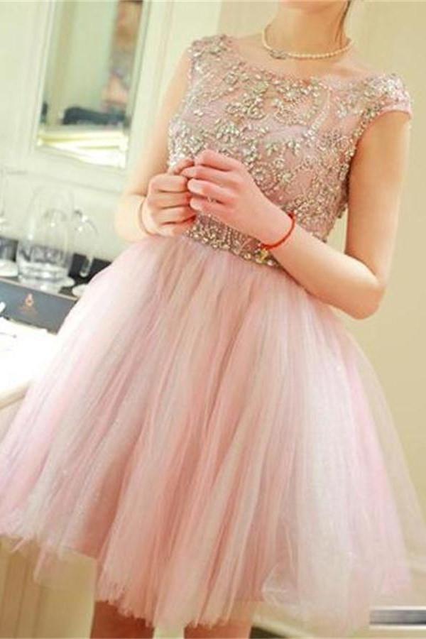 Lovely Strap Beading Tulle Prom Dress Homecoming Dresses ED14