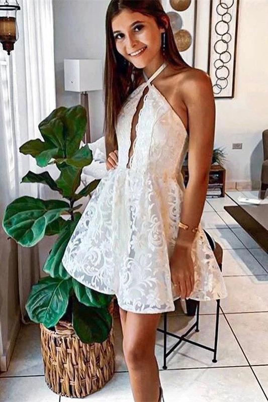 Lace Halter Sleeveless Short Homecoming Dresses, Unique Lace Short Prom Dresses N1987