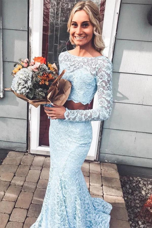 Light Sky Blue Long Sleeves Mermaid Two Piece Prom Dresses, Long Lace Evening Dress N2406