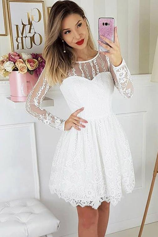 A-Line Round Neck Long Sleeves White Lace Short Homecoming Party Dress, Short Dress N1906