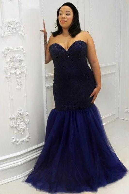 Mermaid Sweetheart Sleeveless Sequin Floor-Length Tulle Plus Size Prom Dresses N2220