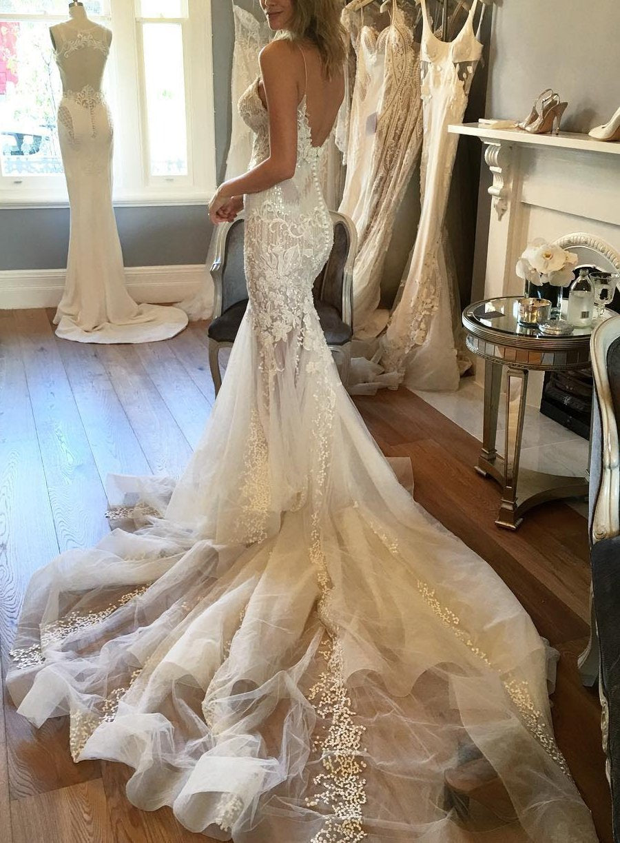 Spaghetti Straps Mermaid Wedding Dresses,Appliqued V-neck Tulle Wedding Dress,Bridal Gown,N198