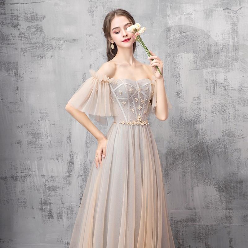 Elegant Off Shoulder Floor Length Tulle Prom Dress, Bridesmaid Dresses N2312