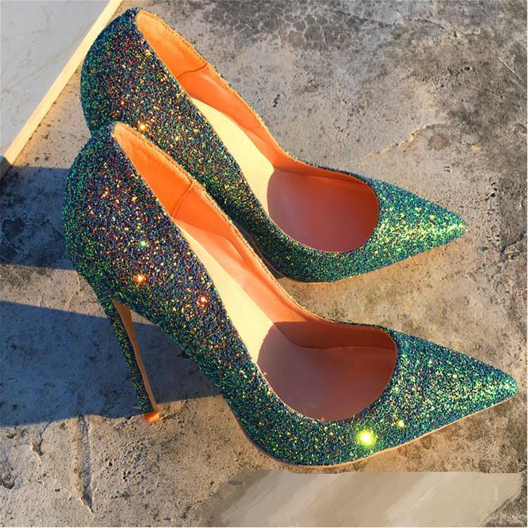Green glittering high-heels , Fashion Evening Party Shoes, yy34