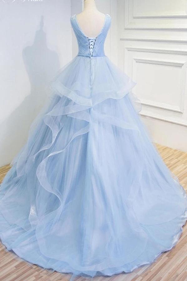 Puffy V Neck Sleeveless Tulle Prom Dress with Appliques, Long Quinceanera Dress N2518