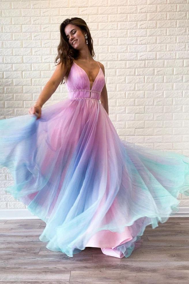 Ombre Spaghetti Straps Sleeveless A Line Prom Dress, Flowy Ombre Party Dresses N2174