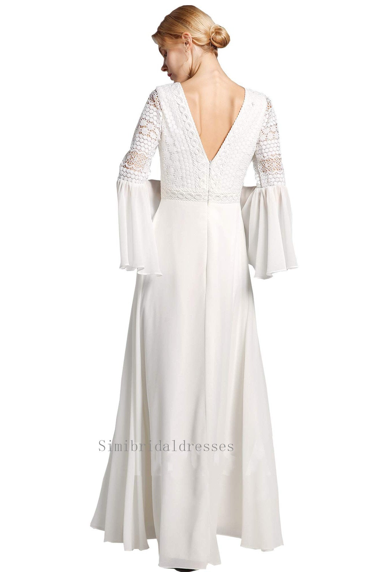 Charming V-neck Long Sleeves Lace Chiffon Beach Wedding Dresses Bridal Gowns Y0134