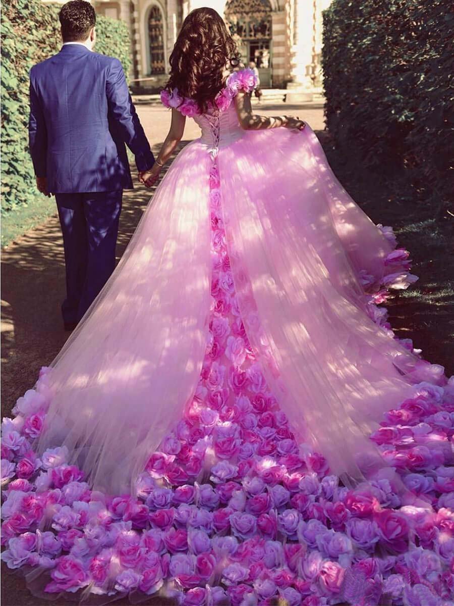 Pink Cathedral Off the Shoulder Ball Gown Vintage 3D Flower Applique Wedding Dresses