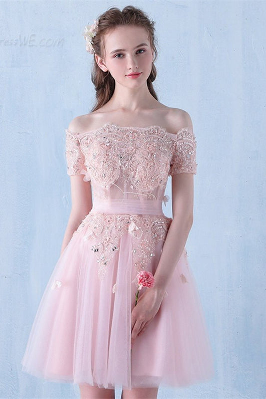 Pink Off the Shoulder Tulle Short Prom Dress with Beading, A Line Homecoming Dress N1946
