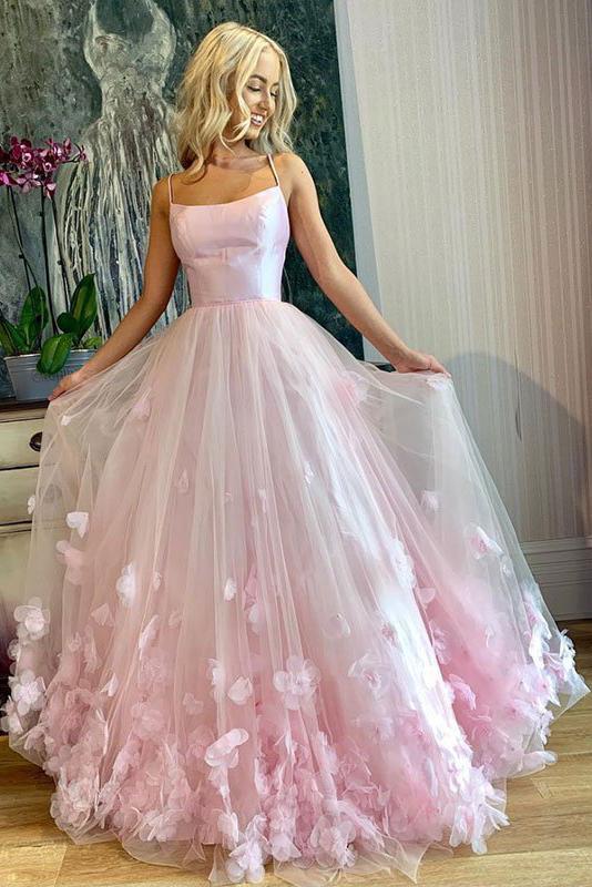 Pink Tulle Spaghetti Straps Sweet 16 Prom Dress, Floor Length Tulle Formal Dress N2044