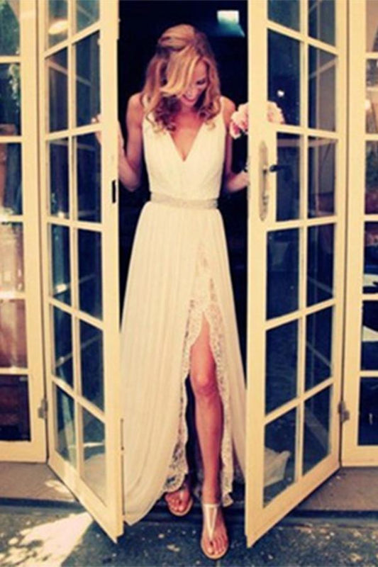 Charming Ivory Lace Long Beach Wedding Dress With Side Slit,V-neck Sleeveless Bridal Dress,S10