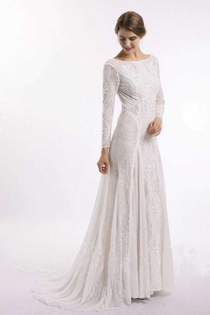 Column Lace Bridal Dress, Long Sleeves Backless Boho Beach Wedding Dresses N2024