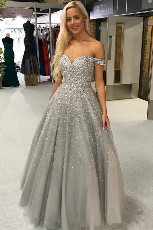 Shiny Ball Gown Off the Shoulder Sweetheart Silver Beaded Tulle Prom Dresses