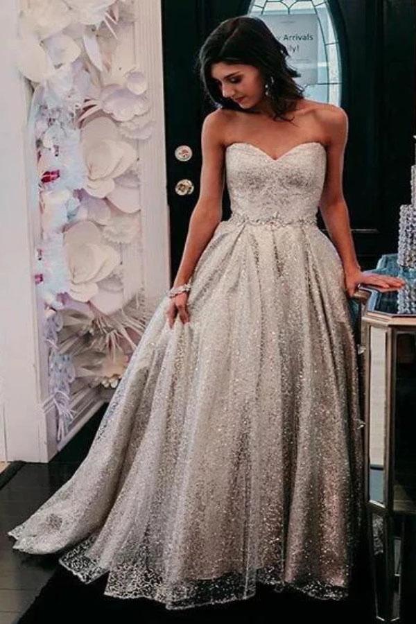 Shiny Cheap Sweetheart Silver Prom Dresses, Floor Length Strapless Long Evening Dress N2407
