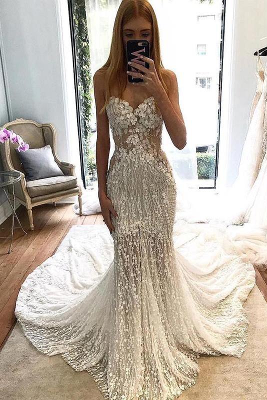 Stunning Lace Applique Sweetheart Strapless Mermaid Wedding Dress, Bridal Dress N1793
