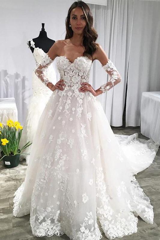 Unique Sweetheart Wedding Dresses, Puffy Lace Appliqued Backless Beach Wedding Dress N1781