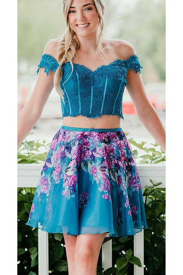 Two Piece Turquoise Off Shoulder Beading Lace Floral Homecoming Dresses N1807