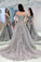 A-Line Appliques Off-the-Shoulder Gray Evening Dress With Sashes, Long Tulle Prom Dress N1833