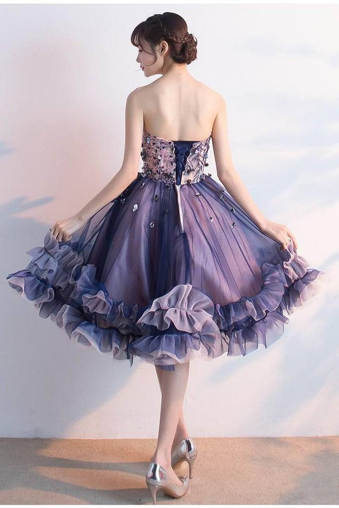 Puffy Sweetheart Tulle Homecoming Dress with Ruffles, Appliqued Knee Length Prom Dress N1873