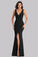 Unique Black V Neck Mermaid Prom Dresses with Slit Simple Affordable Evening Dresses XU90817
