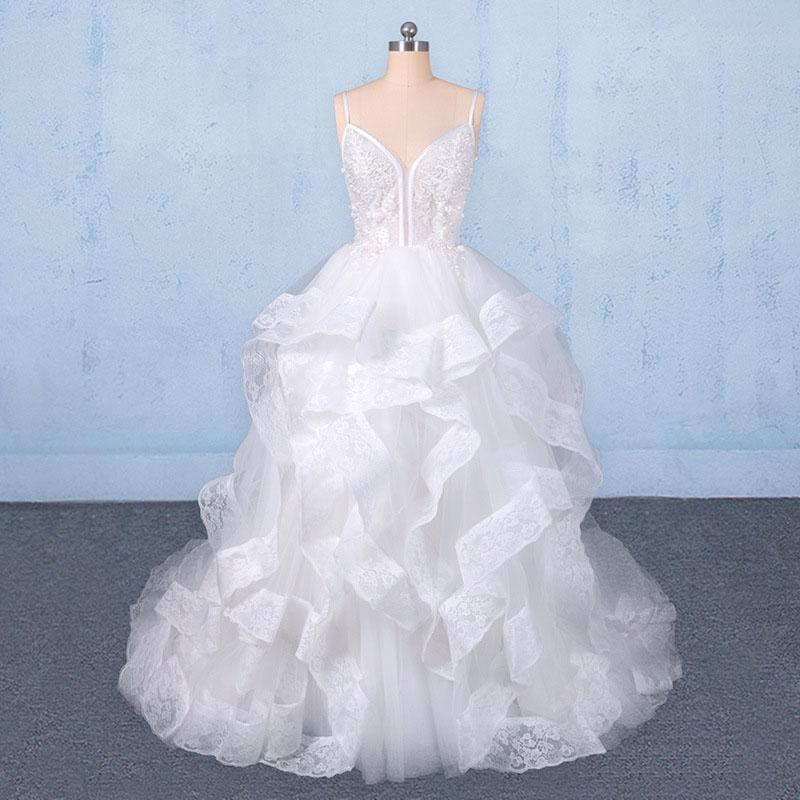 Spaghetti Straps Floor Length Tulle Wedding Dress with Ruffles, Long Bridal Dress N2347