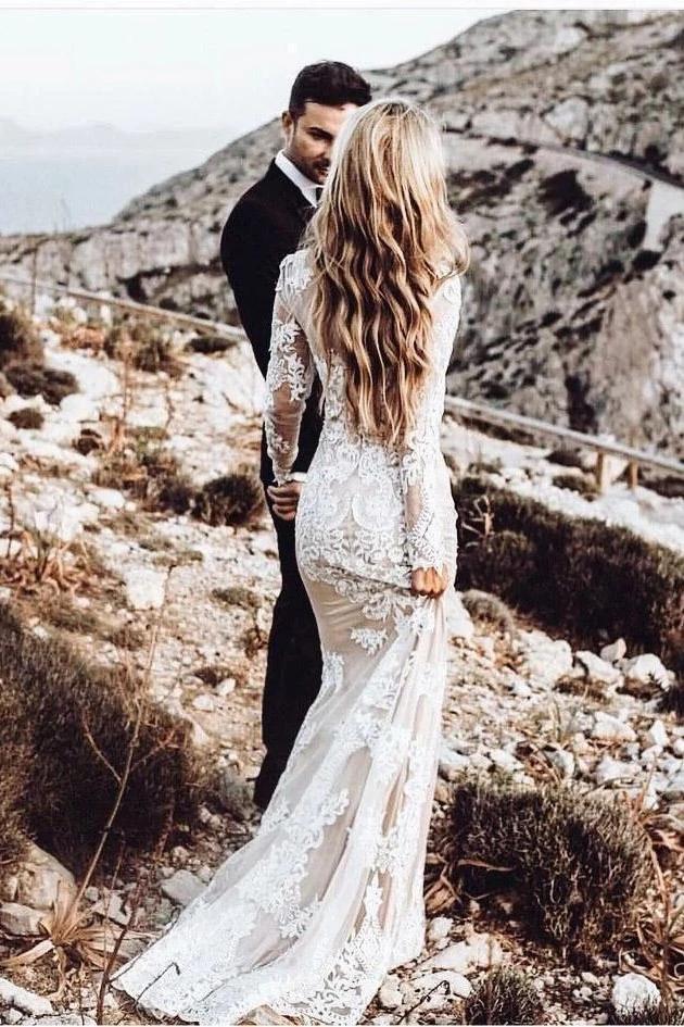 Vintage Long Sleeve Mermaid Lace Applique Wedding Dress Beach Wedding Gowns N2024