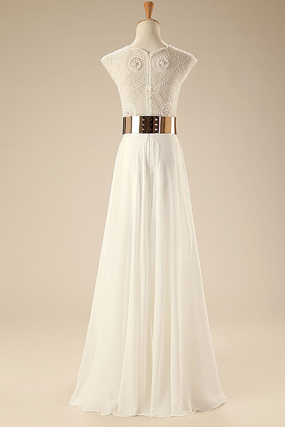 Deep V Neck Cap Sleeves White Chiffon Gold Belt Summer Beach Wedding Dress WD0106