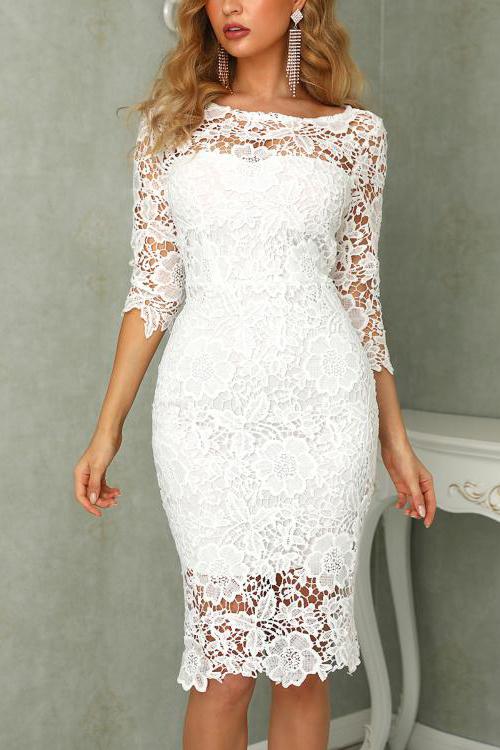White Knee Length Lace Short Formal Dresses, Half Sheath Lace Homecoming Dress N2136