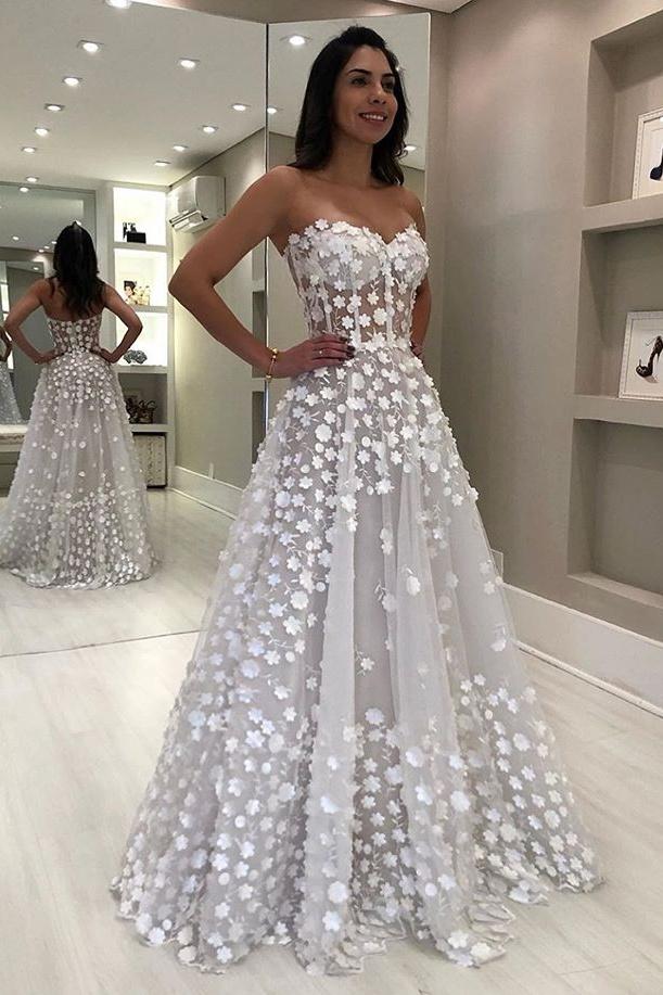 Elegant Sweetheart White A-line Floor Length Beach Wedding Dresses Bridal Dress Y0017