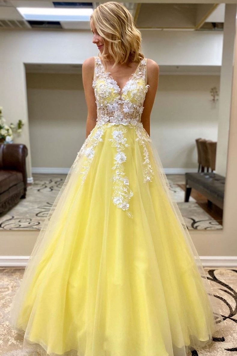 Beauty Yellow Long A-line Prom Dresses For Teens Elegant Princess Dress Y0018